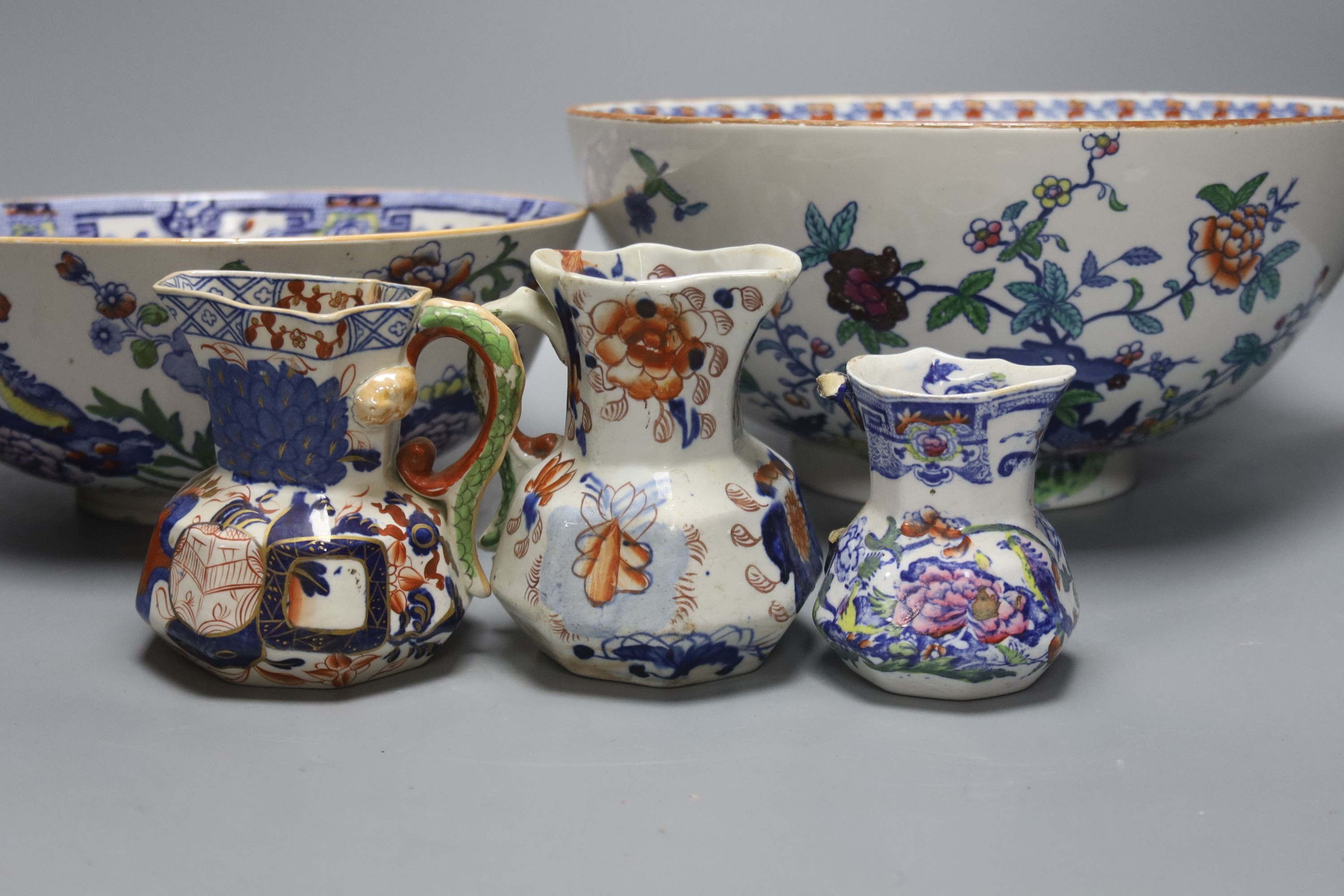 A group of 19th century ironstone ceramics to include Masons plates, Hydra jugs, two bowls, largest 29.5cm and another jug